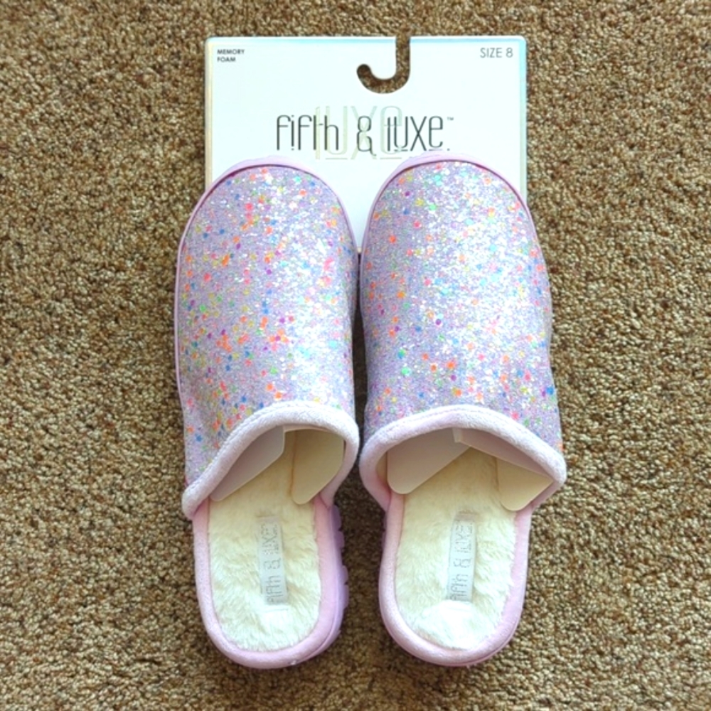 Fifth & Luxe Lilac Glitter Faux Fur Lined Slide Slippers Size 8